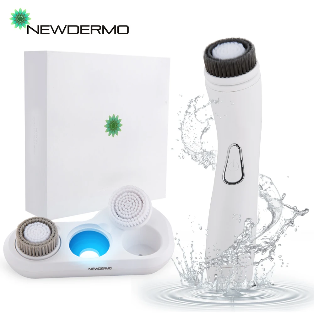 NEWDERMO Ultrasonic Electric Facial Cleansing Brush 3 In 1 Skin Scrubber Massager Cleanser Wireless Base Blue Ray Disinfection