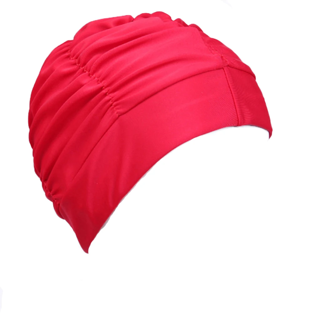 

Men Women Soft Bathing Beanie Hat Stretch Nylon Elastic Long Hair Portable Adult Swimming Cap Beach Sports Solid Pleated Design