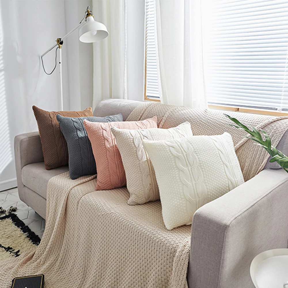 Двойной вязаный чехол для подушки винтажный кофейного цвета слоновой кости