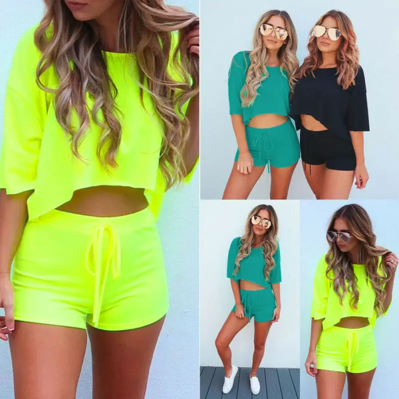 

Womens Loose Crop Top Short 2 Piece Set Ladies Bodycon Party Clubwear Short Sleeve Loose T Shirt and Shorts Women Two Piece Set