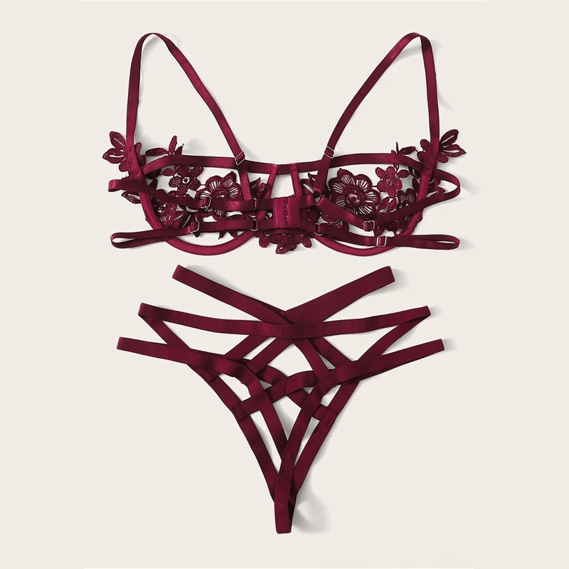 Wine Red Bra Set Ремни аппликации на косточках сексуальное женское нижнее белье Черные стринги V-String прозрачное женское нижнее белье бюстгальтер комплект RS80854 - Цвет: Wine Red Bra Set