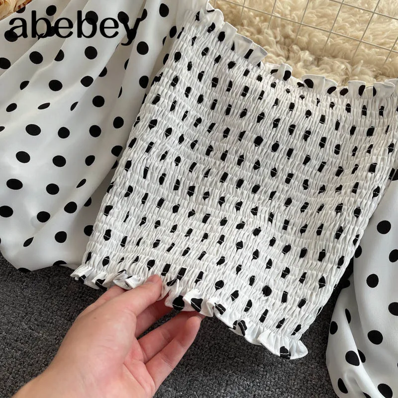 

Women Bohemian Dot Blouse Korean Retro Puff Sleeve V Neck Short Tops Summer Elastic Ruched Ruffles Print Blouses