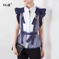 vgh striped see through shirt for women stand collar short sleeve patchwork ruffle casual blouse female fashion new summer tide