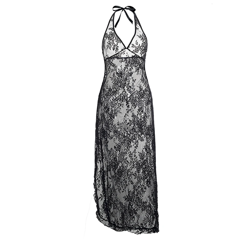 Плюс размер XXXL 5XL 6XL женское сексуальное нижнее белье кружева Babydoll Chemise Porno сексуальное нижнее белье платье прозрачное Haltter эротическое белье - Цвет: Черный