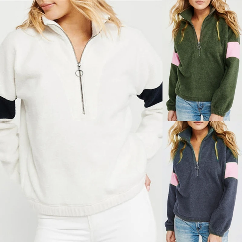 

Patchwork Fleece Sweatshirts Autumn Winter Warm Hoodies Casual Long Sleeve Zipper Teddy Hoodie Loose Top