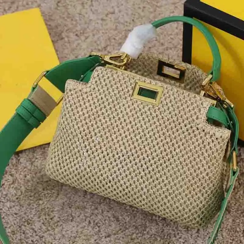 

Women Luxurys Design Bags 2021 Fashion Raffia Weave Handbag with Wide Webbing Shoulder Strap size 23CM Lady Purse two colors