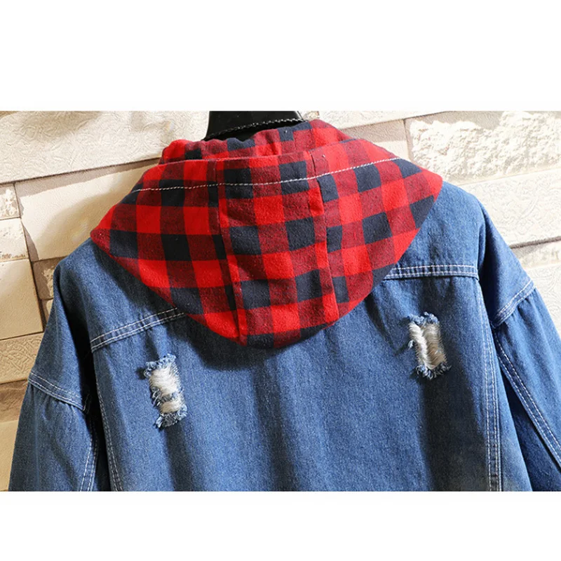 

Aolamegs Hole Denim Jackets Men Plaid False Two T-shirts Hoodies Varsity Jacket Oversize Retro Parkas Spring Harajuku Streetwear