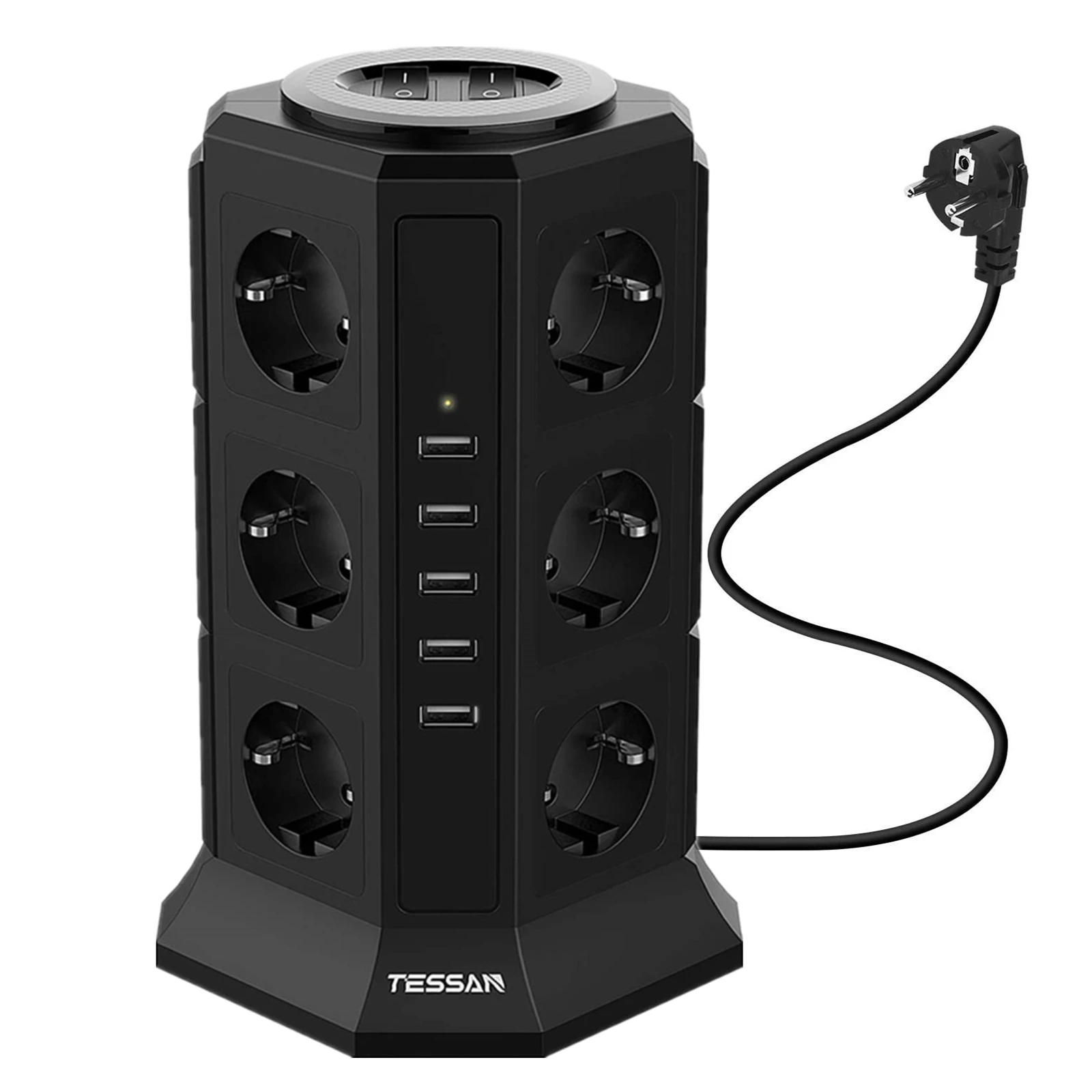 

TESSAN Vertical Power Strip Multiple Sockets 12 Way EU Electrical Plug Outlets 5 USB Charging Ports 2m Extension Cable Adapter