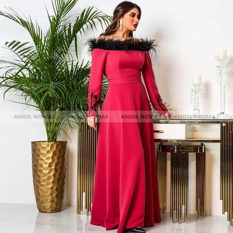 

ANGEL NOVIAS Long Sleeves Arabic Evening Dress 2021 with Feather Off the Shoulder Caftan Arabic Prom Gowns Party Dresses
