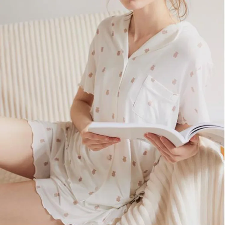 Летняя Домашняя одежда Женская Хлопковая пижама с принтом шорты коротким