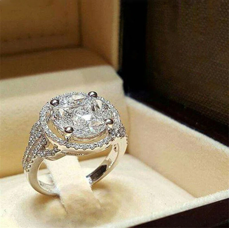 

Fashion Round Zircon Crystal Rings For Women Engagement Party Wedding Jewelry Female Hand Accessories Size 5-11