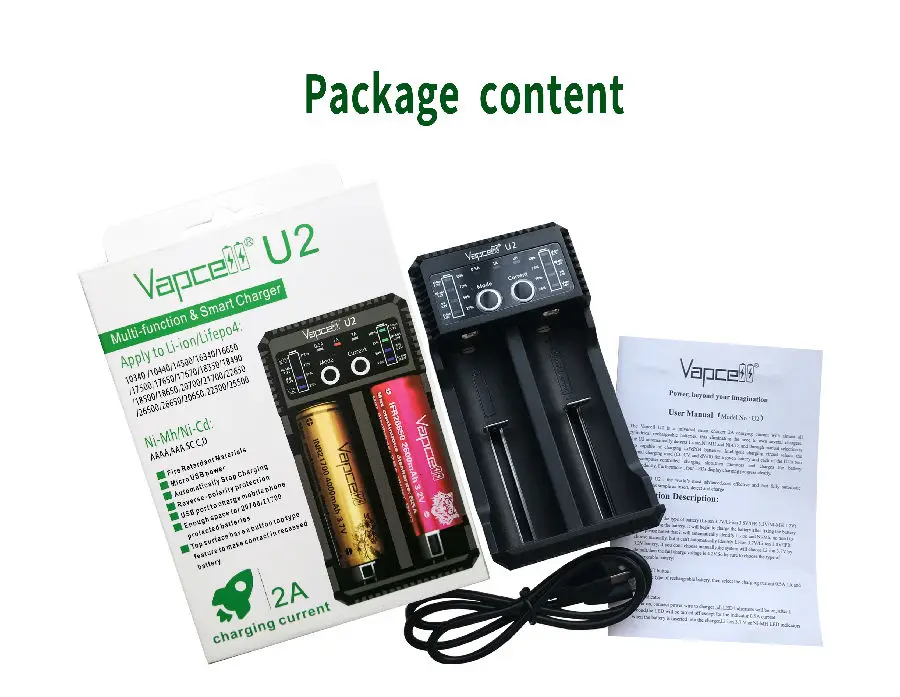 Оригинальное умное мини-зарядное устройство Vapcell U2 2A USB для li-ion/Lifepo4 / Ni-MH/Ni-Cd AAA AAAA C D