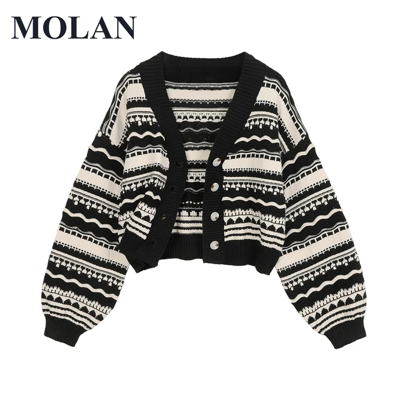 

MOLAN Fashion Woman Cardigan Striped Button-Up V Neck Autumn Casual Cardign Sweater Long Sleeve Loose Female Outwear Chic Top