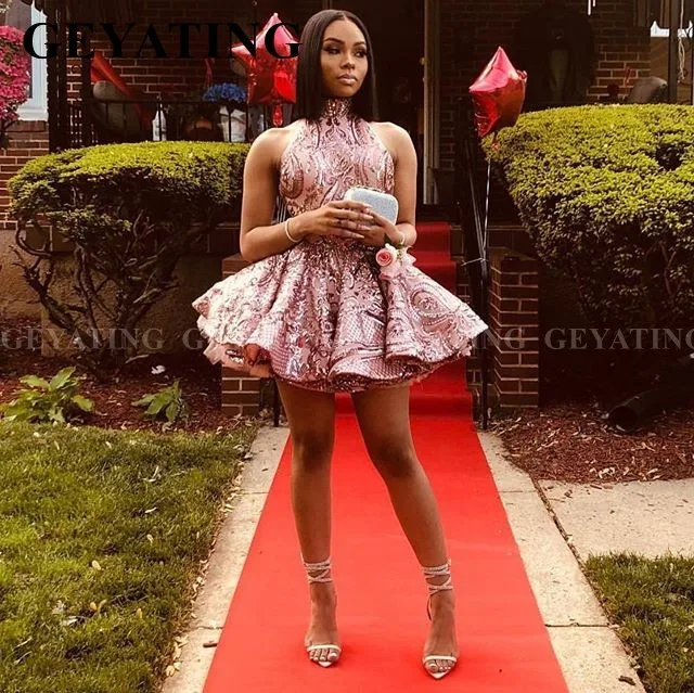 Сексуальное платье с лямкой на шее и открытой спиной розовое золото черное для