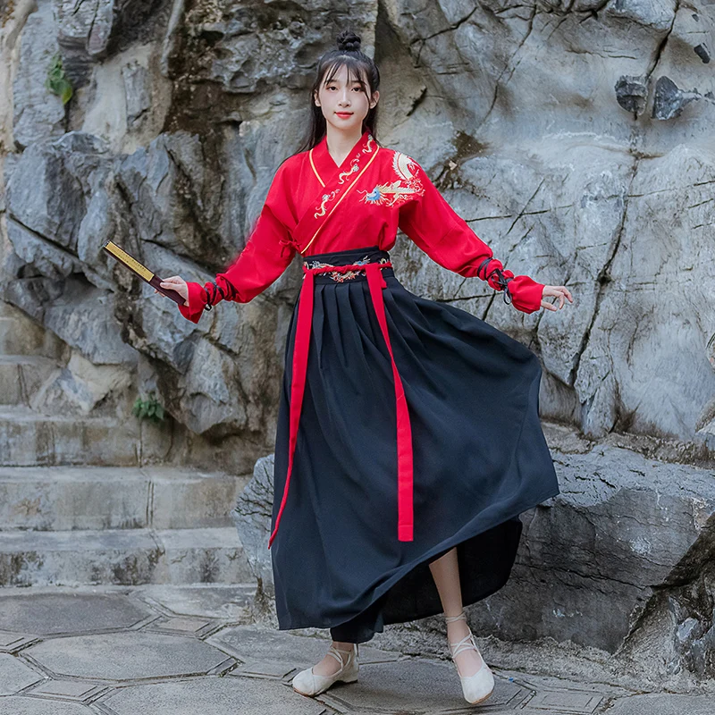Китайское платье ханьфу черные красные женские платья в китайском стиле костюмы