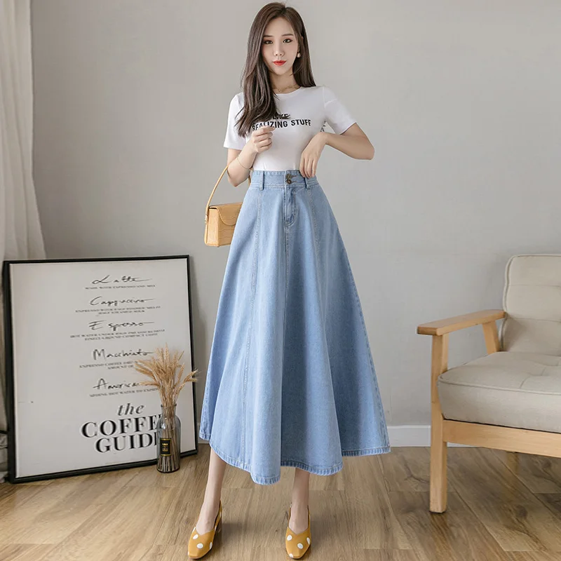 

New Denim Skirt Women Spring Summer 2023 Fashion Casual Empire Waist All-match Slim Long A-Line Umbrella Hem Skirt Female