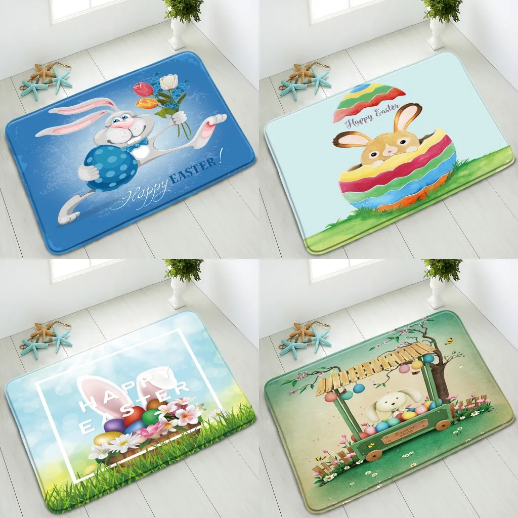 

Easter Non-Slip Bathroom Mat Cartoon Bunny Egg Flower Green Leaf Plant Bedroom Kitchen Indoor Entrance Doormat Absorbent Carpet