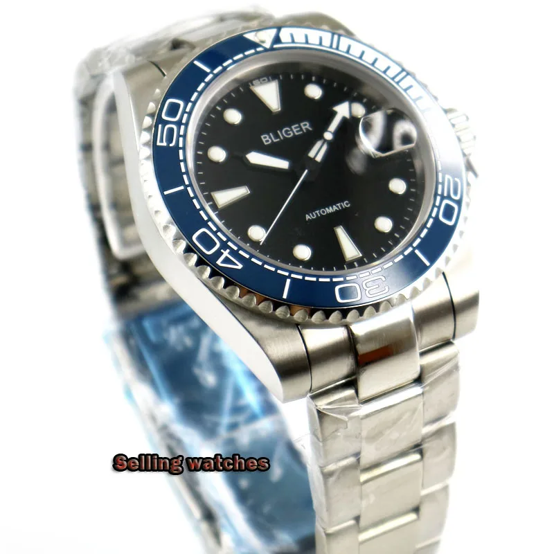 New Black BLIGER Mechancial Watch Men Wristwatch MIYOTA/MINGZHU Movement Brushed Bezel Insert Sapphire Glass Steel Band