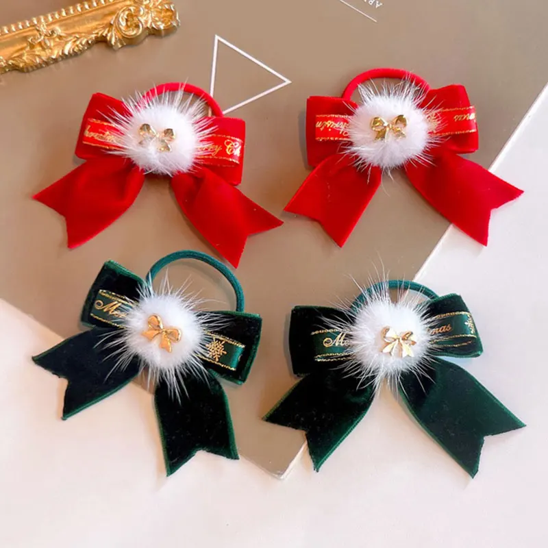 

2pcs Soft Velvet Bow Hair Ring Pom Pom Ball Elastic Hair Bands Christmas Headwear Handmade Bowknot Hair Ties Gum Scrunchies