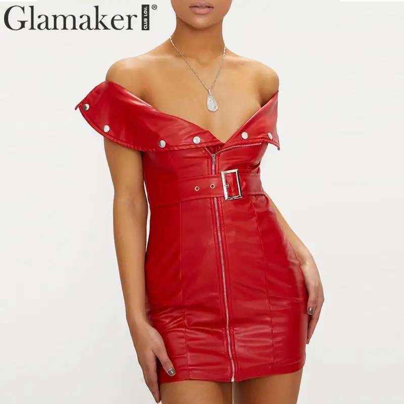 Glamaker сексуальное красное короткое платье из искусственной кожи с открытыми