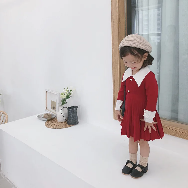 Осеннее трикотажное плиссированное платье с длинными рукавами для девочек