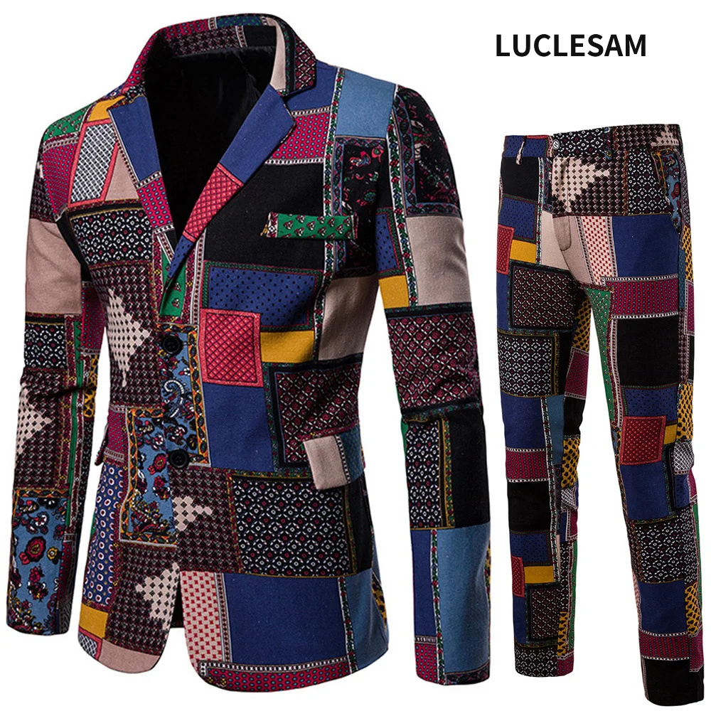 Men's 2 Pieces Stitching Printing Ethnic Style Suits male slim fit Two buttons performance suit costume homme terno masculino