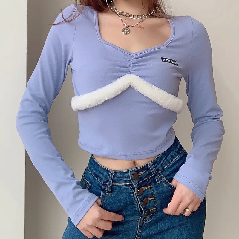 

New Harajuku T-shirts Woman Feather Patchwork Top Frills Cropped Streetwear Long Sleeve V Neck T-Shirt Autumn Y2k Casual Tops