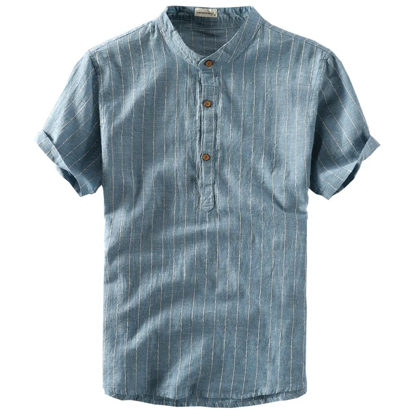 

2021 mens striped linen stand collar short sleeve summer cotton t-shirts men white blue khaki holiday casual tops male