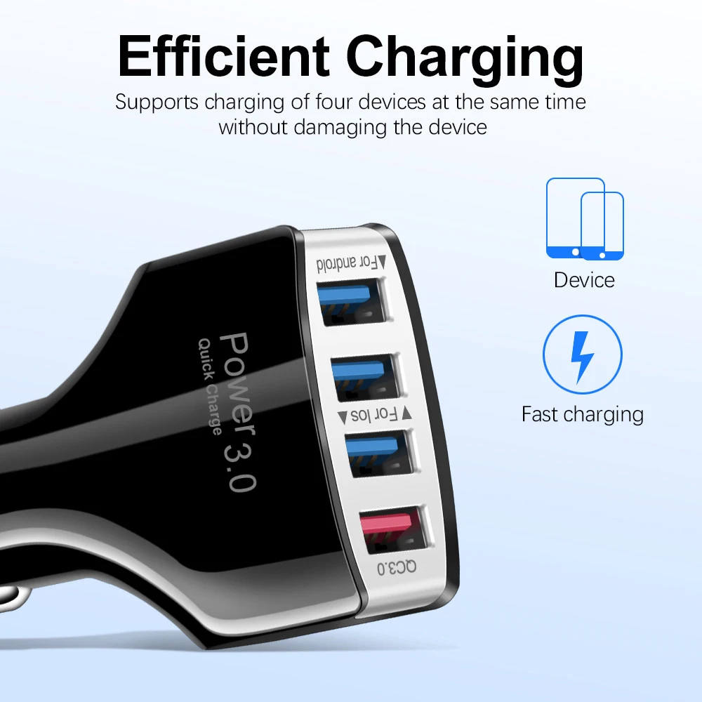 Car Charger Quick Charge 3.0 Phone Fast Charging 4 Ports USB Portable Chargers for iPhone 12 Pro Cables QC | Мобильные телефоны и