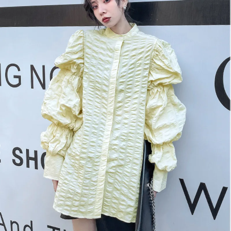 

XUXI 2021 Spring Autumn Puff Sleeve Shirt Streetwear Single Breasted Fashion Splicing French Top Blouses E4594