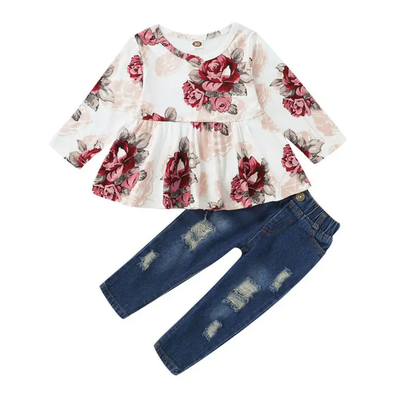 

Toddler Baby Kids Girl Floral Dress Denim Jeans Set Casual Autumn Outfit Clothes