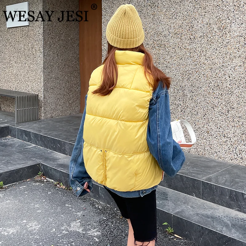 

WESAY JESI 2021 Winter Warm Vest Stand Collar Solid Glossy Gilet Hidden Pockets Woman Cotton Padded Sleeveless Jacket Waistcoat