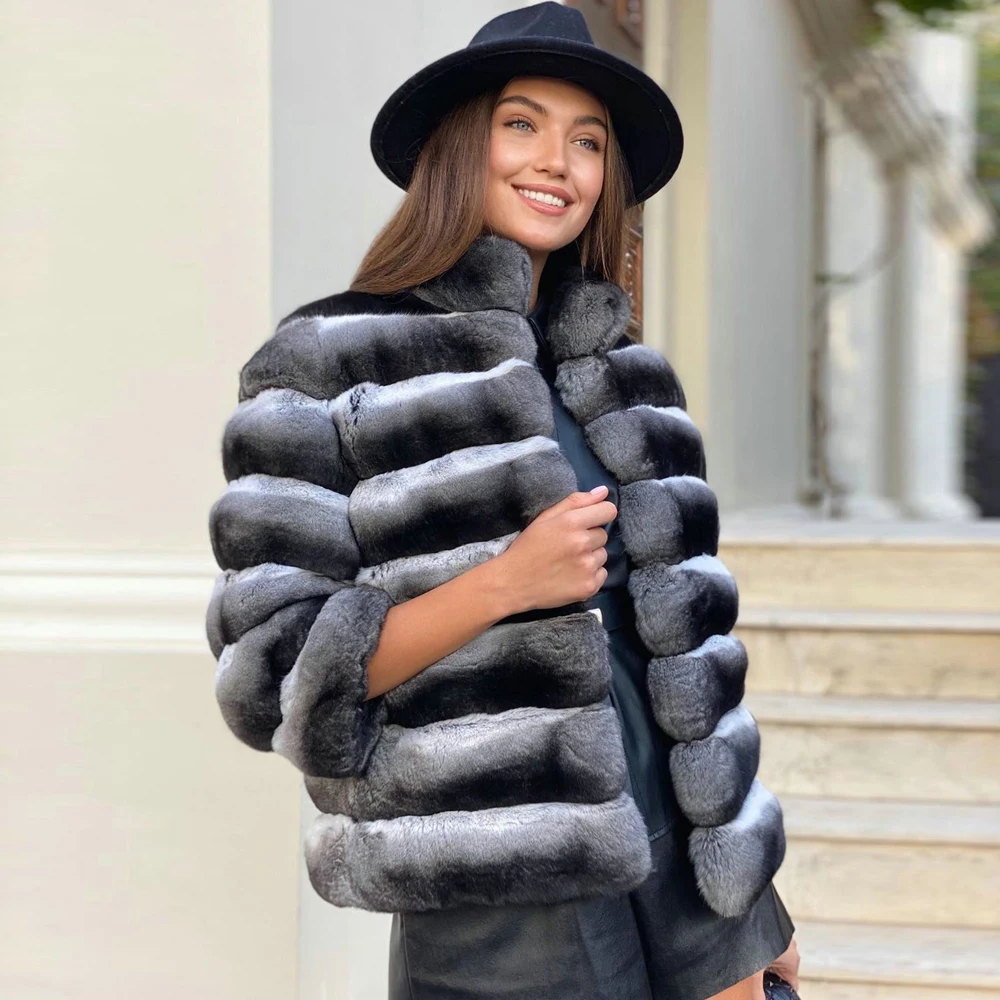 Natural Rex Rabbit Fur Jacket Stand Collar Women 2022 Winter New Whole Skin Genuine Chinchilla Color Rex Rabbit Fur Coat Outwear