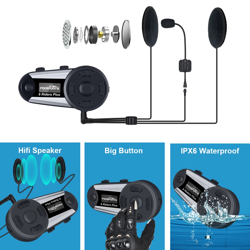 

2 Pcs Fodsports V6 Plus Motorcycle Helmet Intercom 6Riders Wireless Headset Bluetooth Interphone Intercomunicador moto Headphone