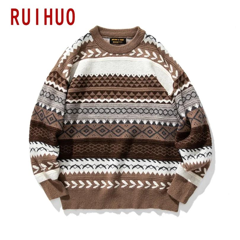 RUIHUO вязаный полосатый в винтажном стиле Мужские свитера длиной до бедра Пуловер
