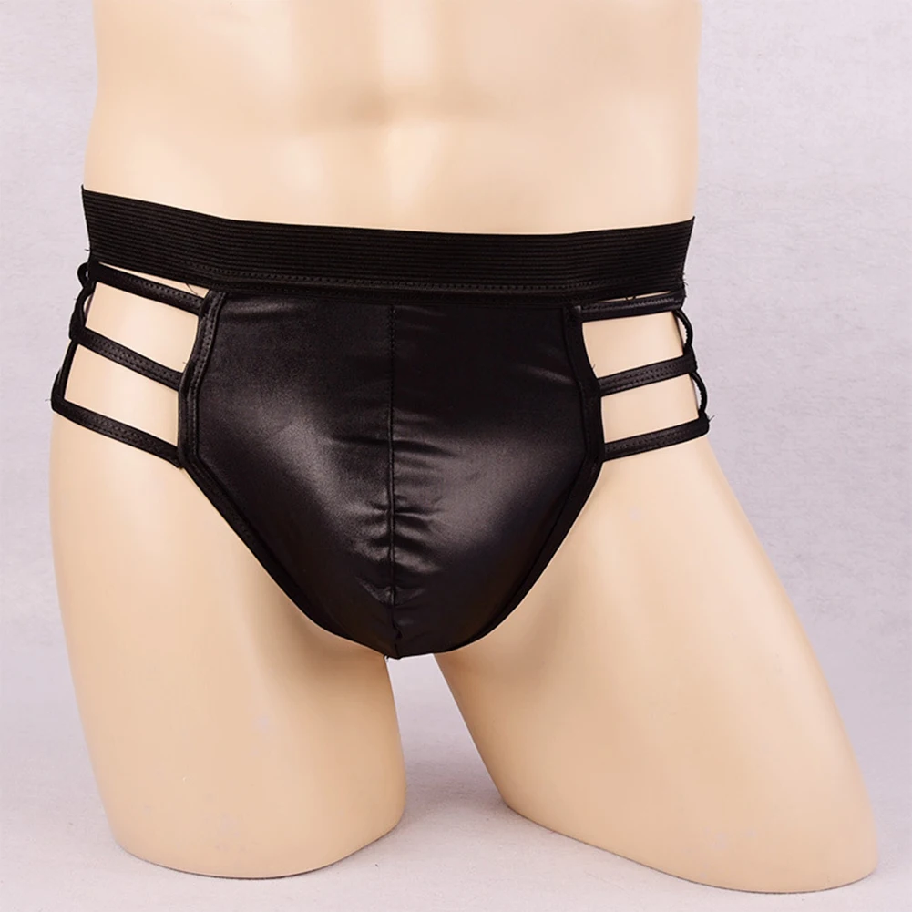 

Hollow Out Men Underwear Imitation Bandage Patent Leather Pu Thong T Pants Sexy Lingerie Erotic Hombre Male Lingerie Tanga