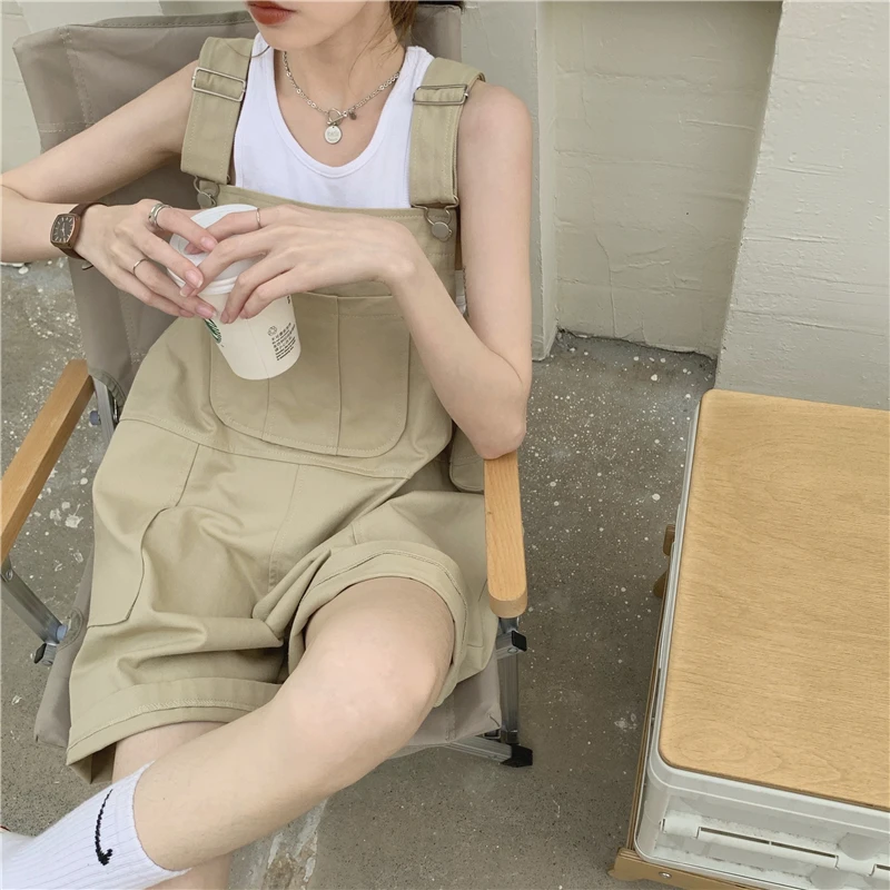 

Rompers Women Khaki Suspenders Denim Sleeveless Sweet Girls Cute Korean Style Overalls Femme Clothing Korea