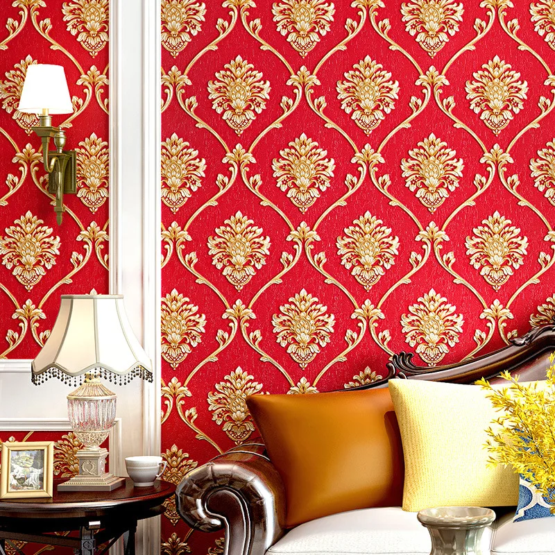 3D Красная Дамасская настенная бумага в рулонах, ПВХ рельефная текстурированная Дамасская настенная бумага, цветок для спальни, гостиной, фо...