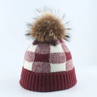 women hat winter knit raccoon fur pompom beanie warm autumn plaid headwear outdoor ski snow accessory girl teenagers