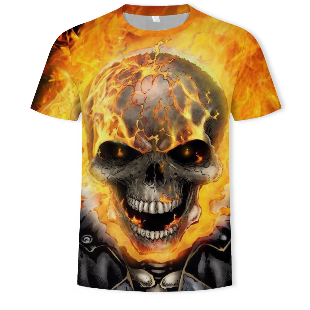 

New Skull T Shirt Men Hip-Hop Round Neck Short Sleeve Streetwear Tops Tees Casual 3D Print Fire Skull T-shirt Halloween Clothing