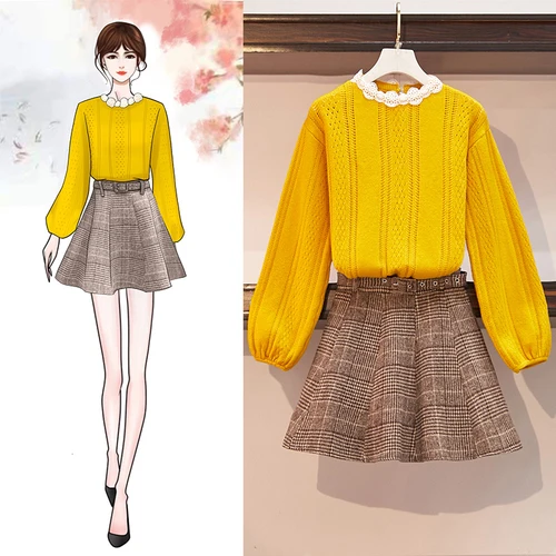 Свитер на осень и зиму с кружевным воротником рукавами фонариками вязаная