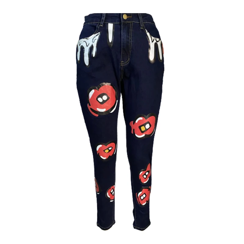 

Autumn Print Patchwork Stretch Women's Jeans Pocket High Waist Slim Denim Female Pants 2021 New Fashion Casual Ladies Trousers
