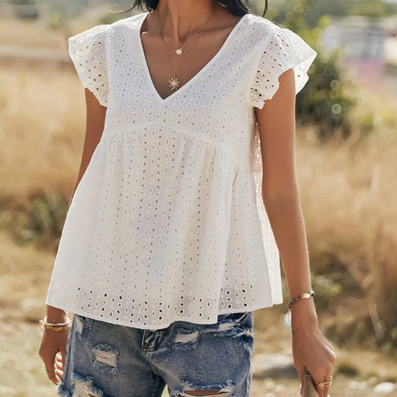 

Женская свободная футболка с коротким рукавом, повседневный однотонный топ с V-образным вырезом и вышивкой, лето 2021