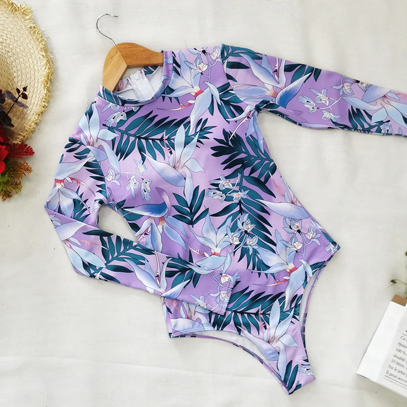 

Print Floral One Piece Swimsuit Women Swimwear Monokini Long Sleeve Printed Female Bathing Suit Surfing Bodysuit Swim Wear Beach