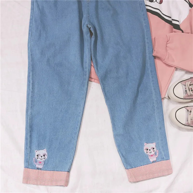 Осенние новые японские Harajuku kawaii Wild свободные джинсы с высокой талией и вышивкой кота женские маленькие свежие штаны для девочек в Корейском стиле