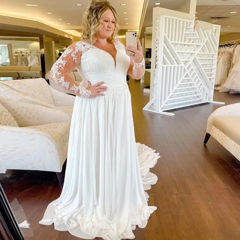 

Размера плюс свадебное платье Элегантный шифон Королевский поезд с длинным рукавом Кружевное платье с v-образным вырезом и аппликацией сва...