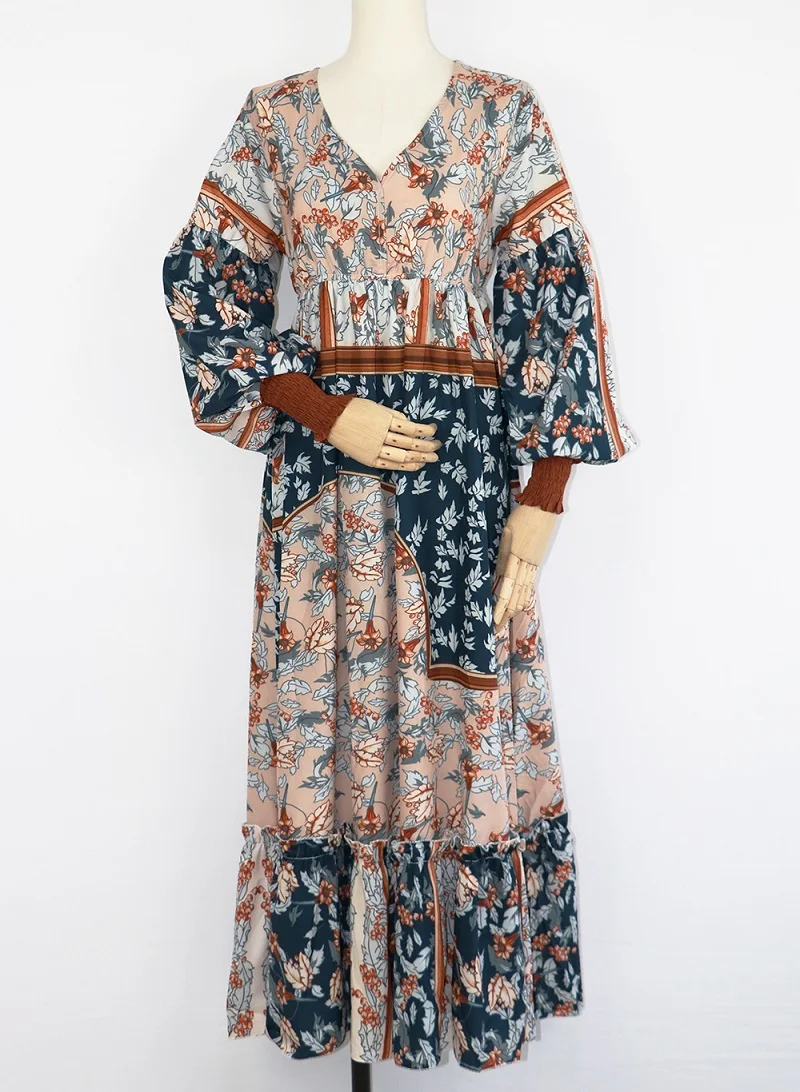 

Vintage bohemian floral printed dress boho hippie chic long sleeve v neck patchwork hem ruffle maxi dress robe boheme femme 2020