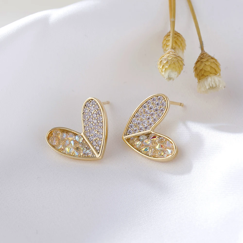 

Yellow Gold filed CZ Cubic paved stone Heart Stud Earrings Jewelry For Women Girls