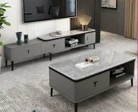 Marble tea table TV cabinet combination modern living room retractable small family floor cabinet black and white gray