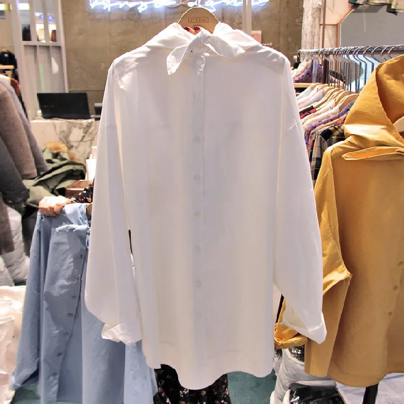 

2021 Spring Autumn New Solid Color Buckle Women Hooded Shirt Bow Easy Matching Ladies Top Fashion Simple Button Up Blusas